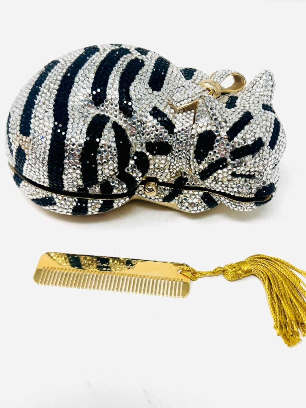 RARE Judith Leiber 1984 Sleeping Tiger Cat Crystal Minaudière Evening Bag w/Comb